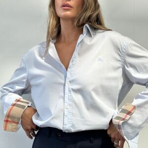 Burberry Light Blue Button-Down Shirt with Check Cuff Detail
